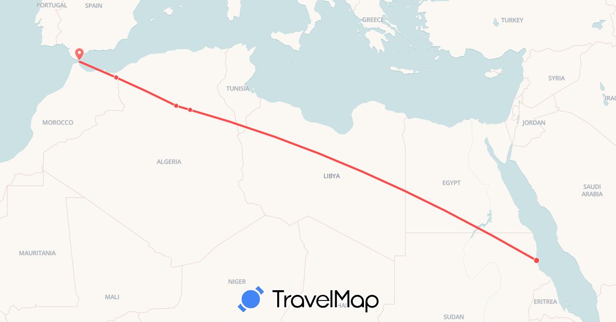 TravelMap itinerary: driving, hiking in Algeria, Morocco, Sudan (Africa)